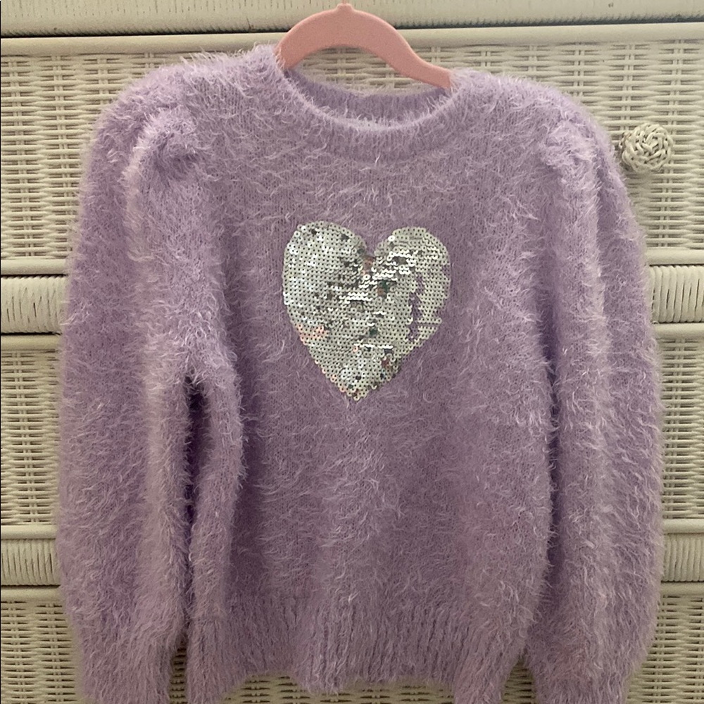 Crown & Ivy Purple Silver Crew Neck Sweater with Sparkling Heart